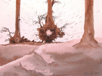 1980 S Bedrohte Natur Holzbeitzenstudie 30x20cm